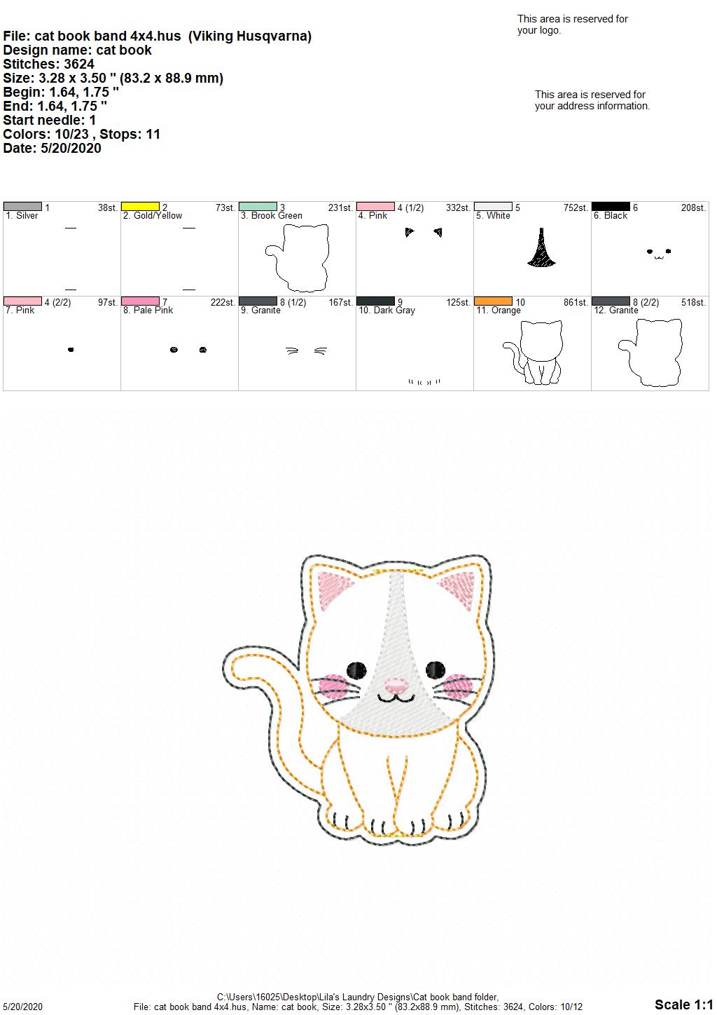 Cat Book Band - Digital Embroidery Design