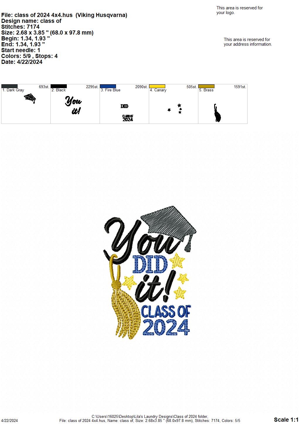 Class of 2024 - 4 Sizes - Digital Embroidery Design
