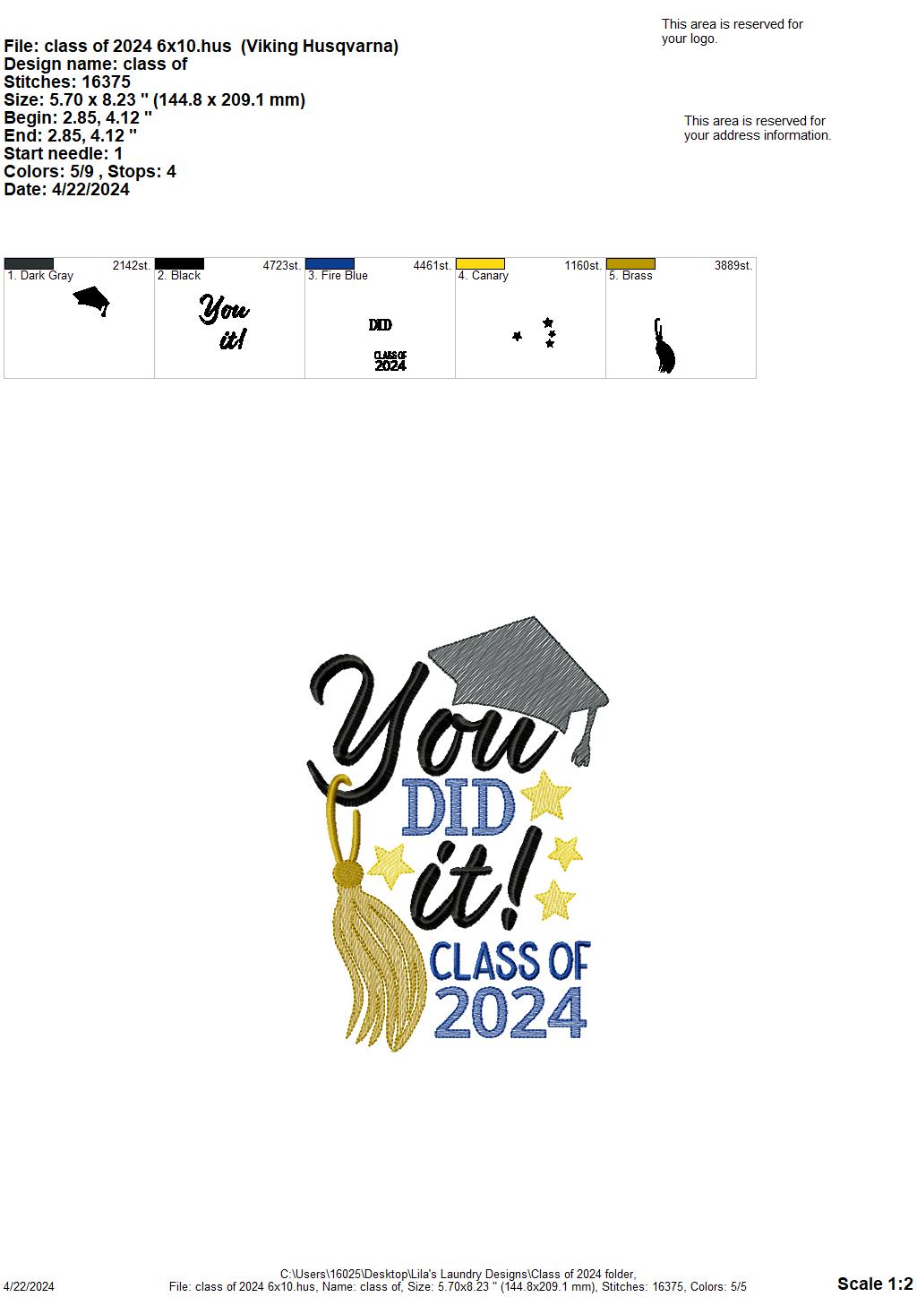 Class of 2024 - 4 Sizes - Digital Embroidery Design