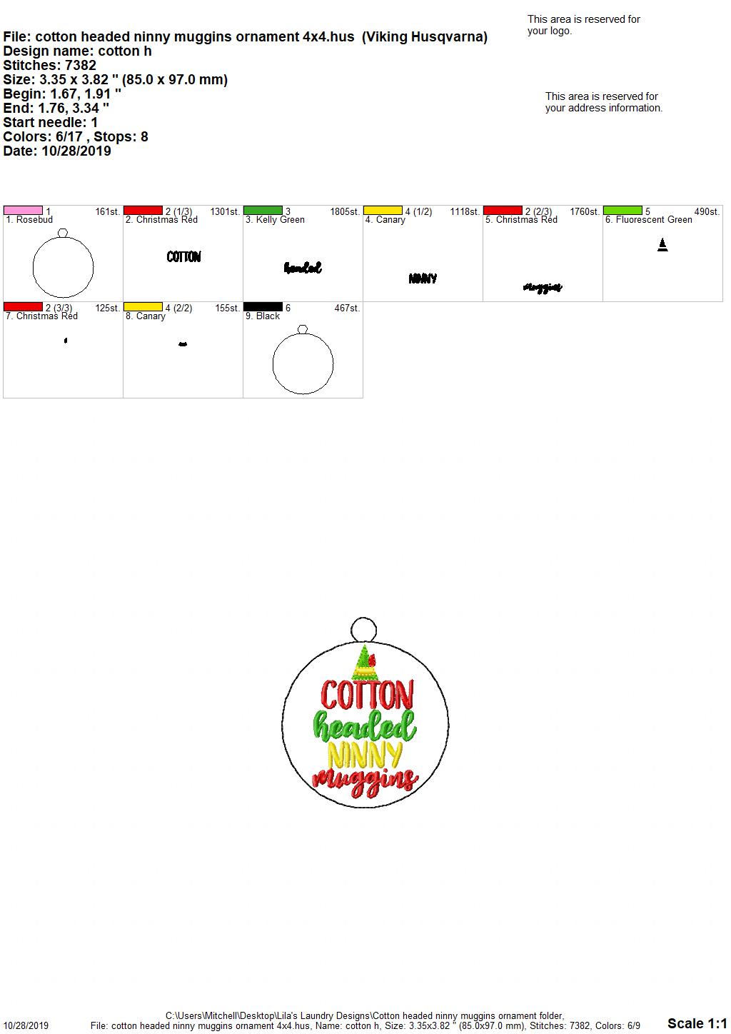 Cotton Headed Ninny Muggins Ornament - Digital Embroidery Design