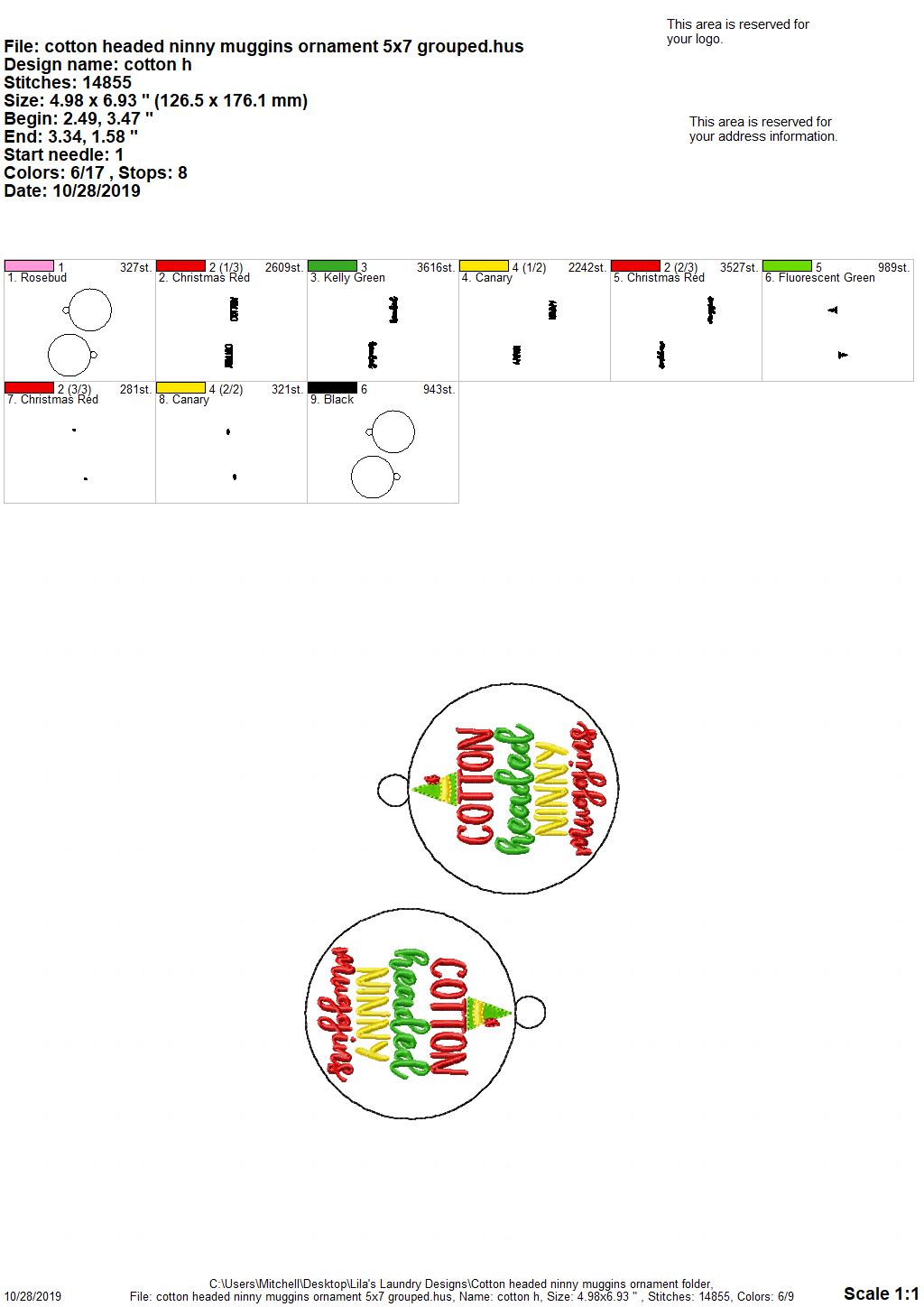 Cotton Headed Ninny Muggins Ornament - Digital Embroidery Design
