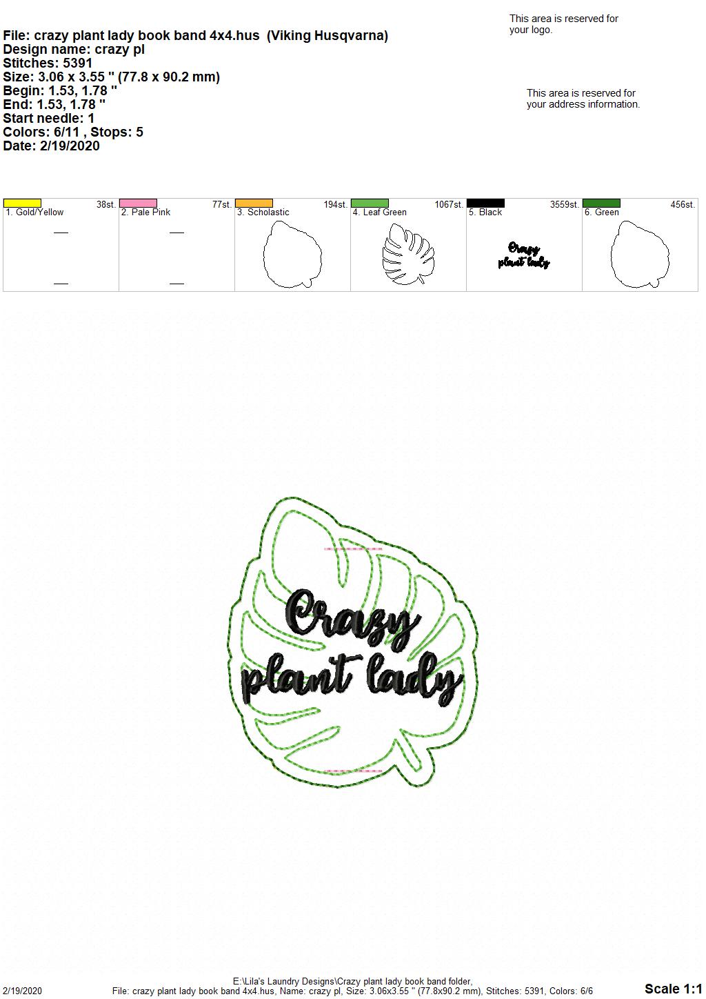 Crazy Plant Lady - Book Band - Digital Embroidery Design