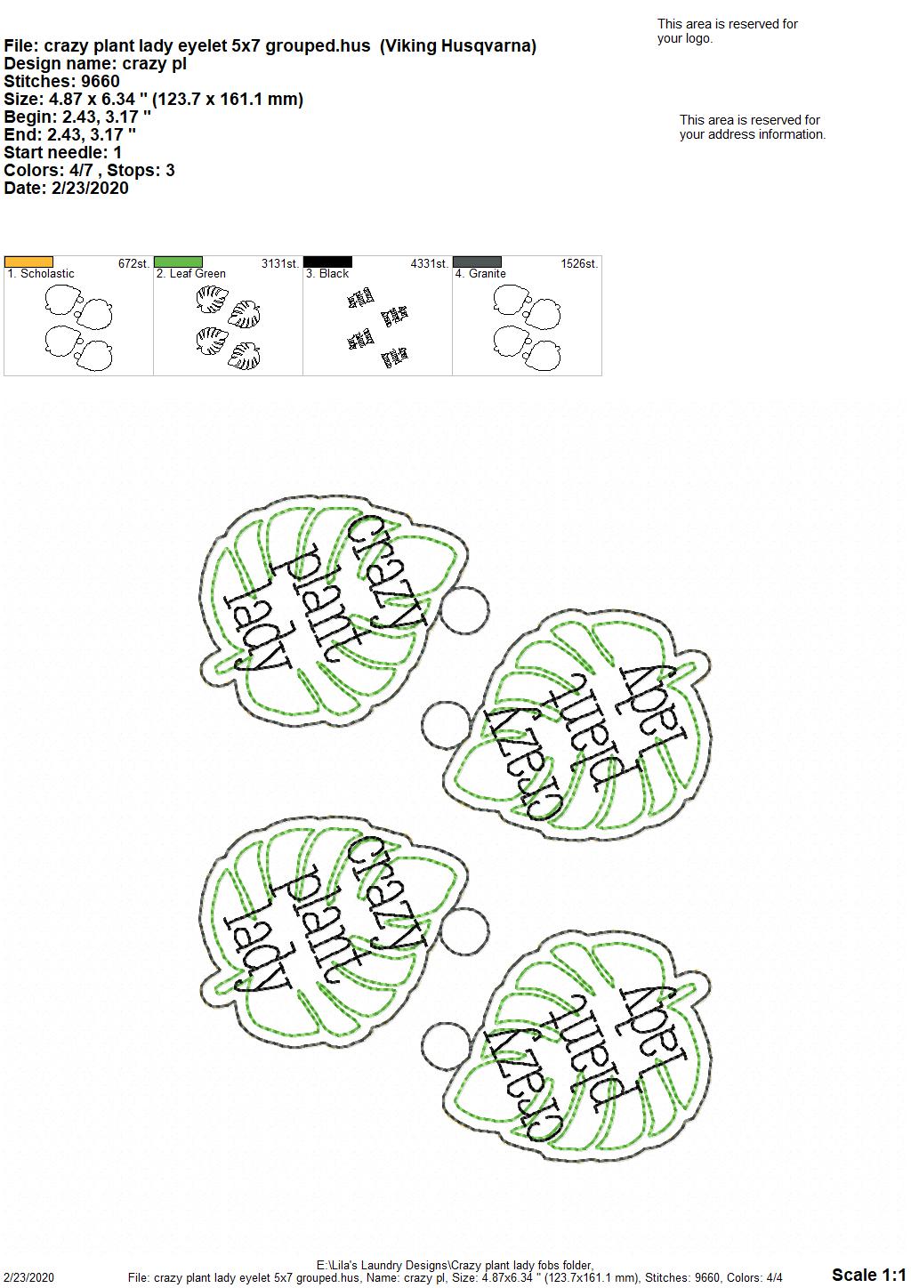 Crazy Plant Lady Fobs -  DIGITAL Embroidery DESIGN