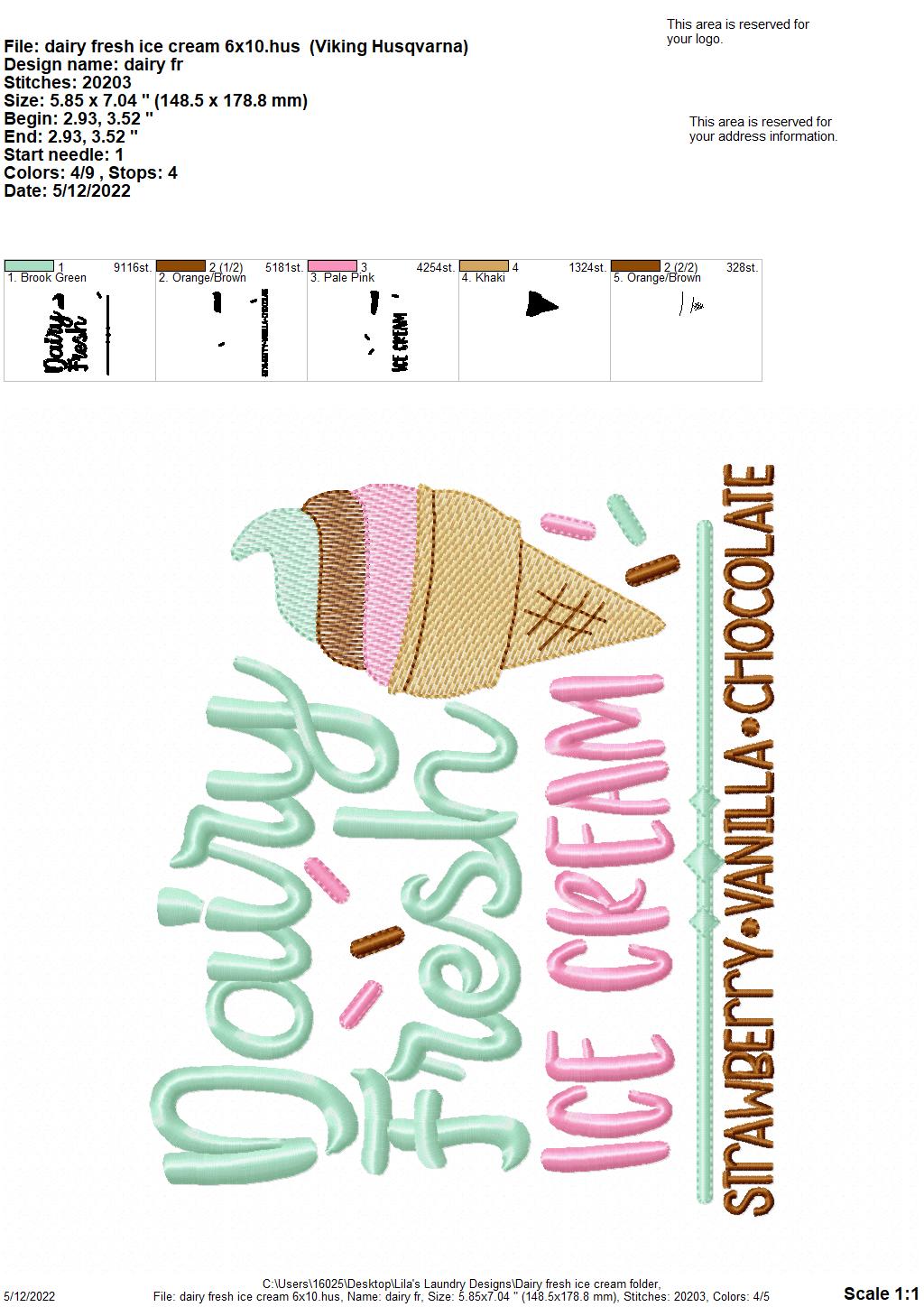 Dairy Fresh Ice Cream - 3 sizes- Digital Embroidery Design