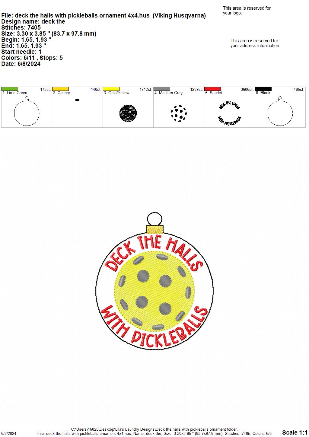 Deck the halls with pickleballs ornament - digital embroidery design