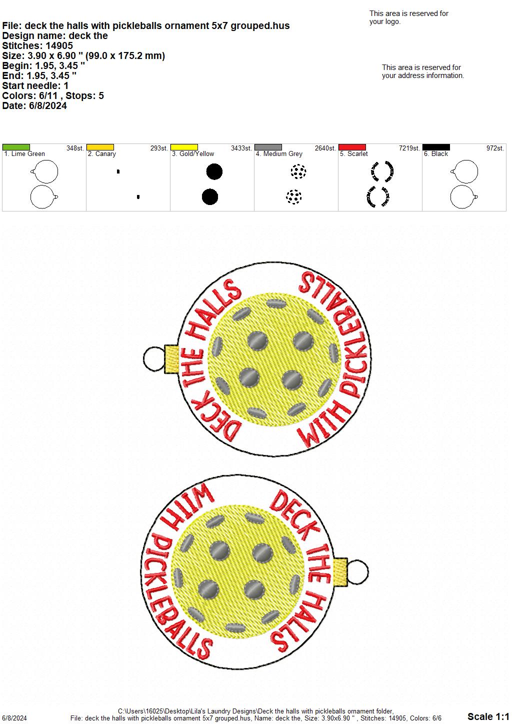Deck the halls with pickleballs ornament - digital embroidery design