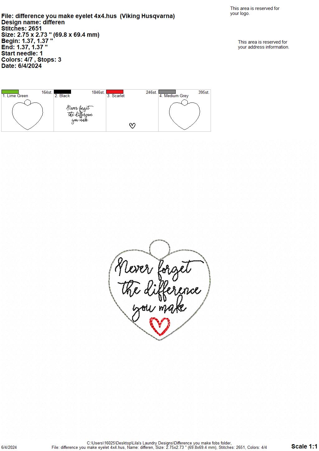Difference You Make Fobs - Digital Embroidery Design