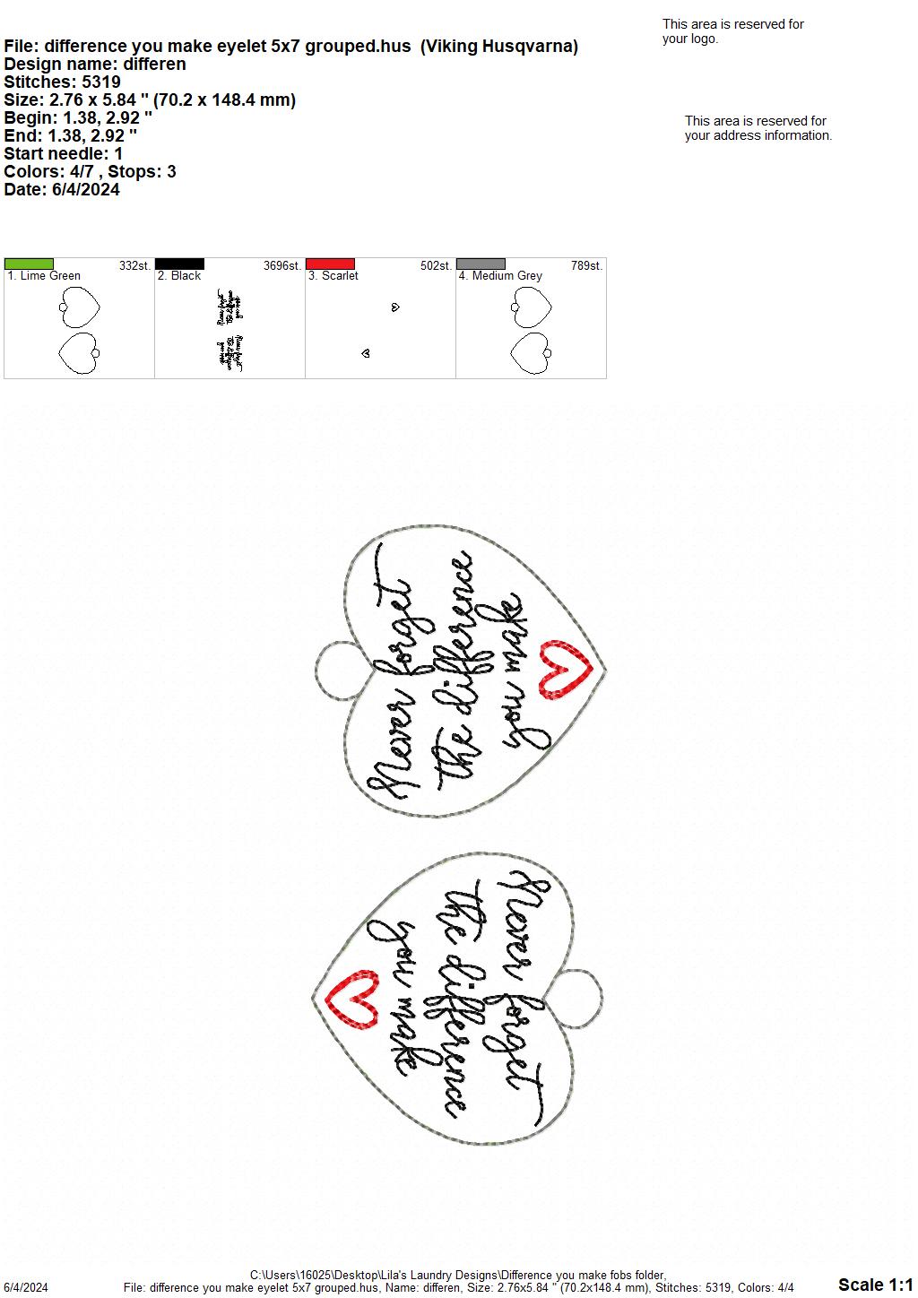 Difference You Make Fobs - Digital Embroidery Design