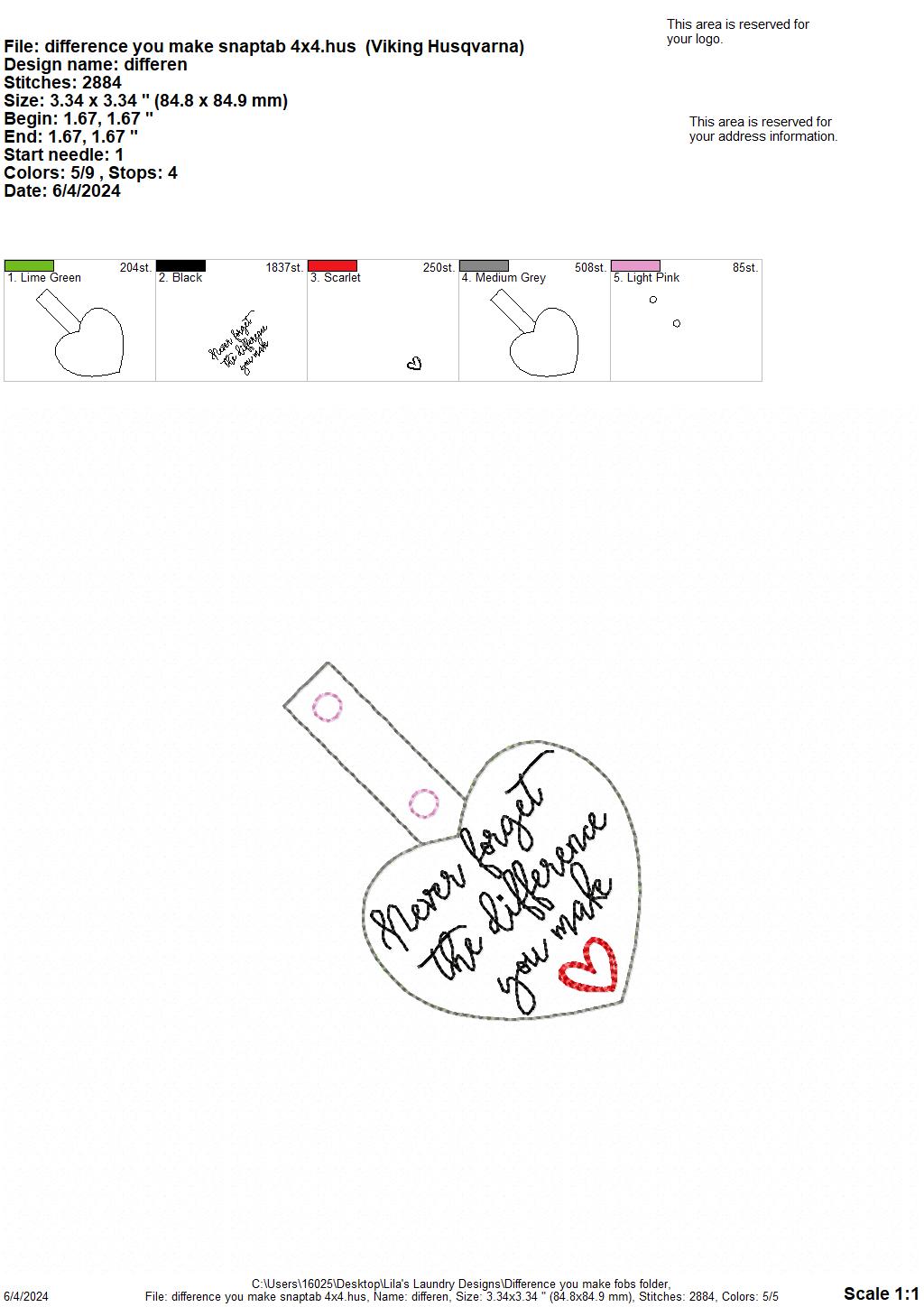 Difference You Make Fobs - Digital Embroidery Design