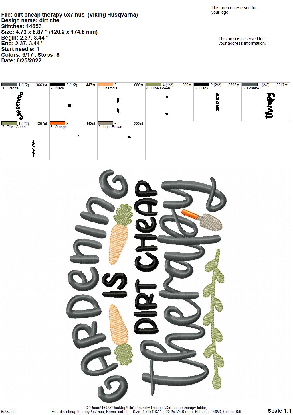 Dirt Cheap Therapy - 3 sizes- Digital Embroidery Design