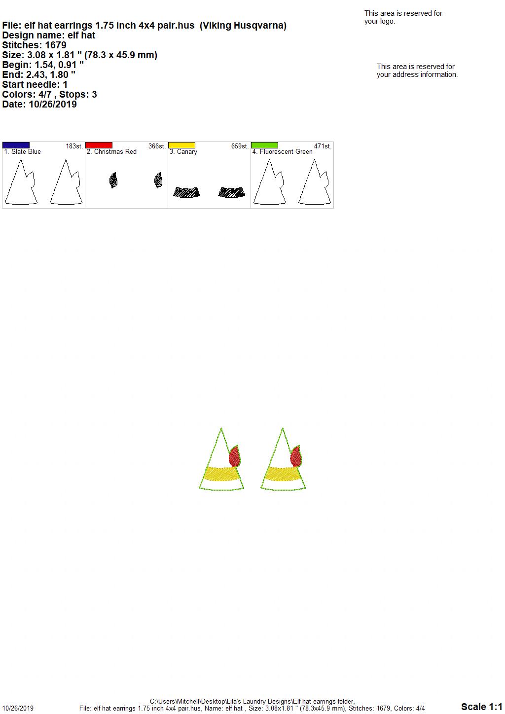 Elf hat Earrings - 3 sizes - 4x4 and 5x7 Grouped- Digital Embroidery Design