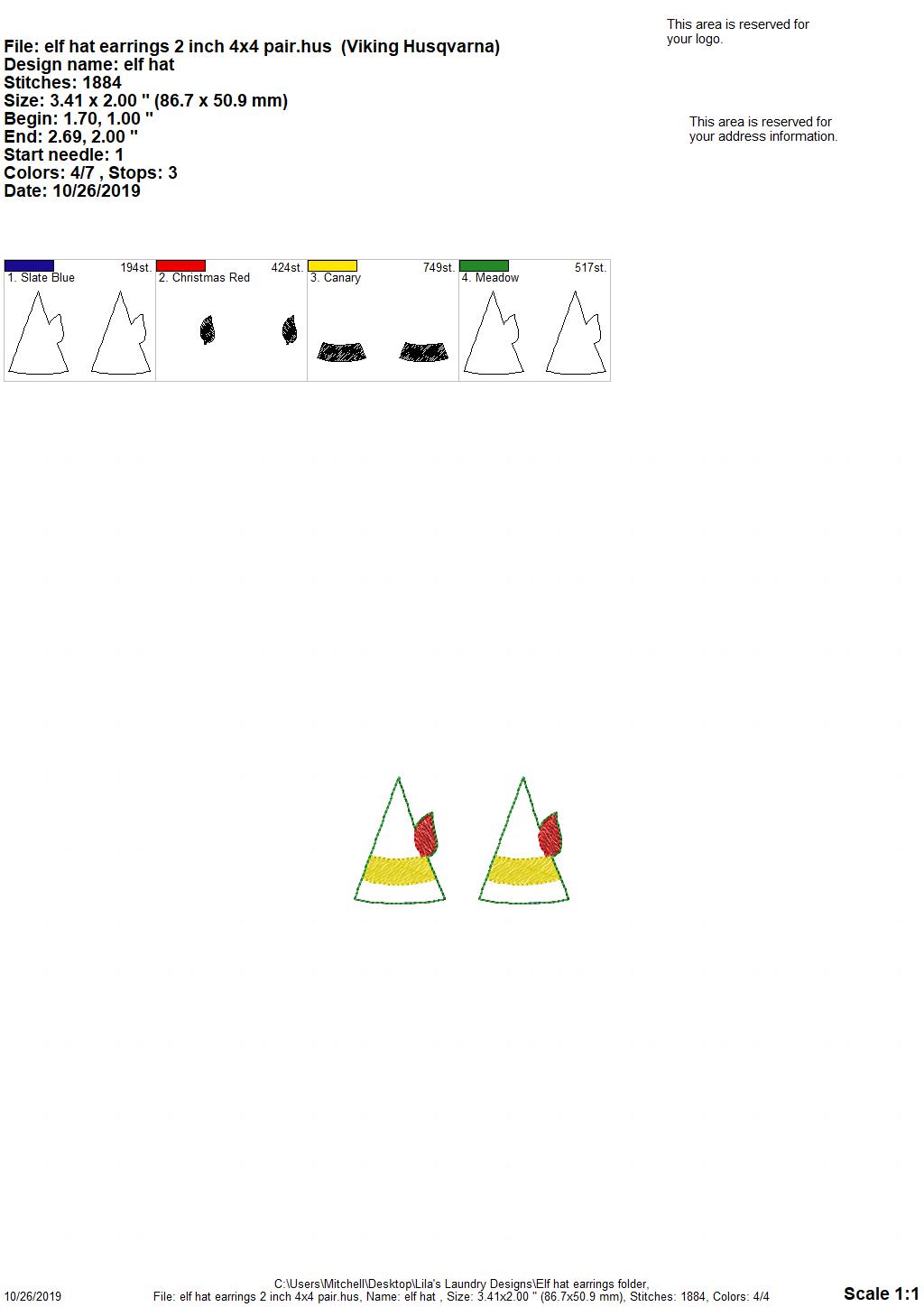Elf hat Earrings - 3 sizes - 4x4 and 5x7 Grouped- Digital Embroidery Design