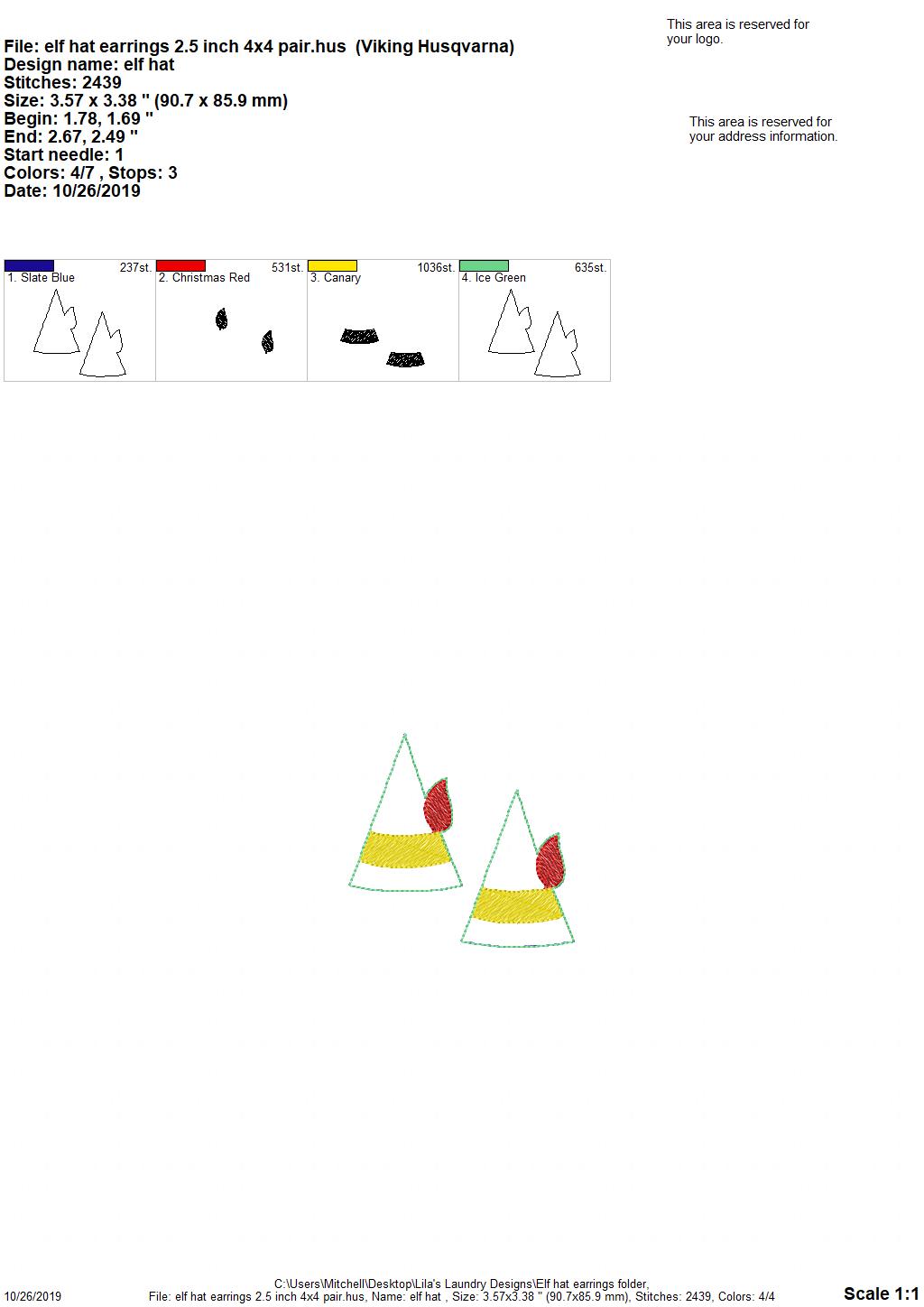 Elf hat Earrings - 3 sizes - 4x4 and 5x7 Grouped- Digital Embroidery Design