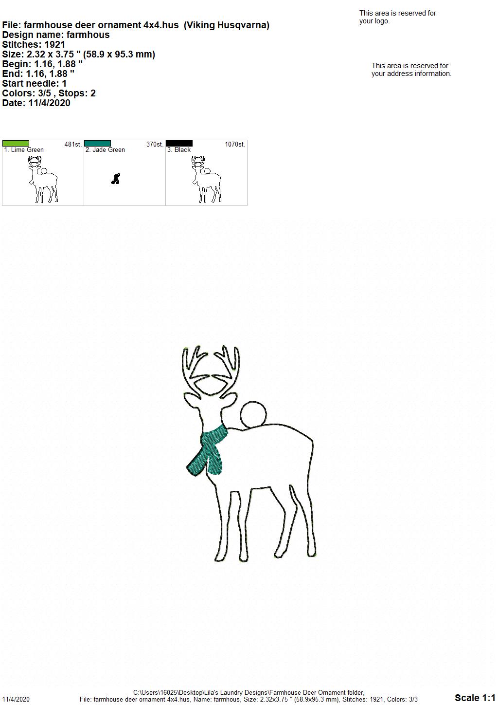 Farmhouse Deer Ornament - Digital Embroidery Design