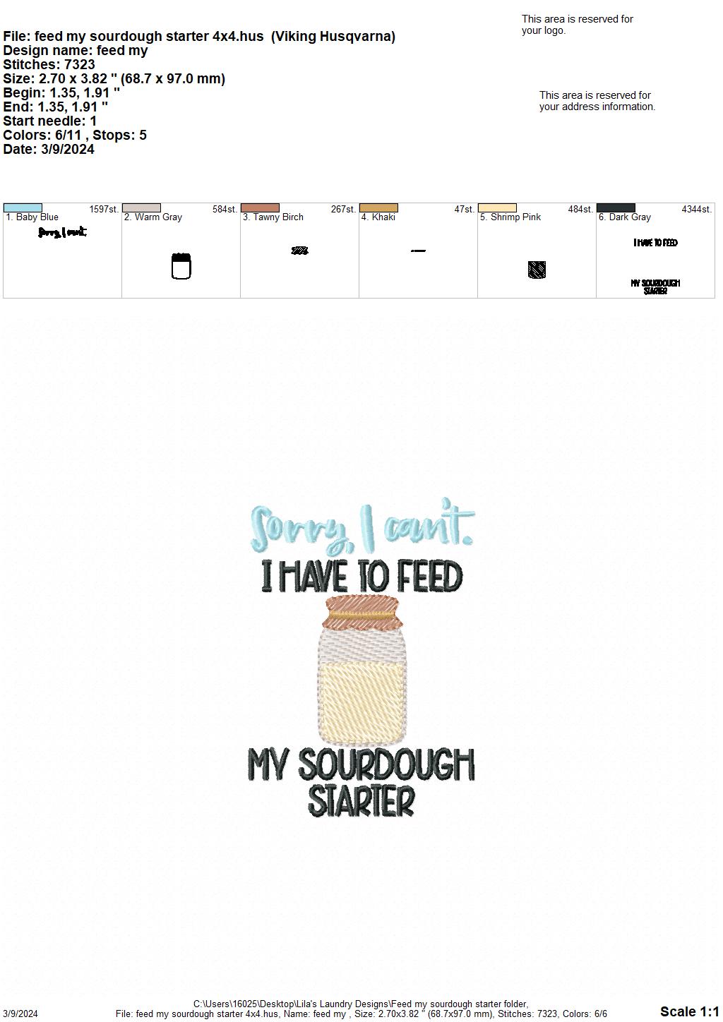Feed My Sourdough Starter - 4 Sizes - Digital Embroidery Design