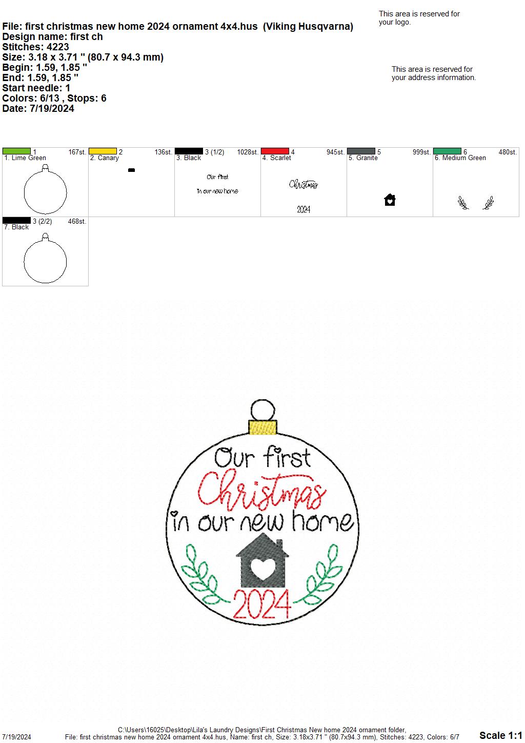 First Christmas in our New Home 2024 Ornament - Digital Embroidery Design