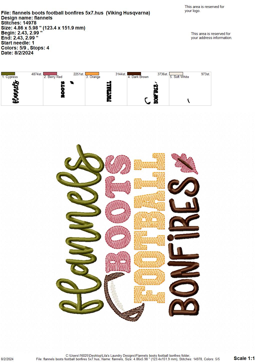Flannels Boots Football Bonfires - 3 sizes - digital embroidery design