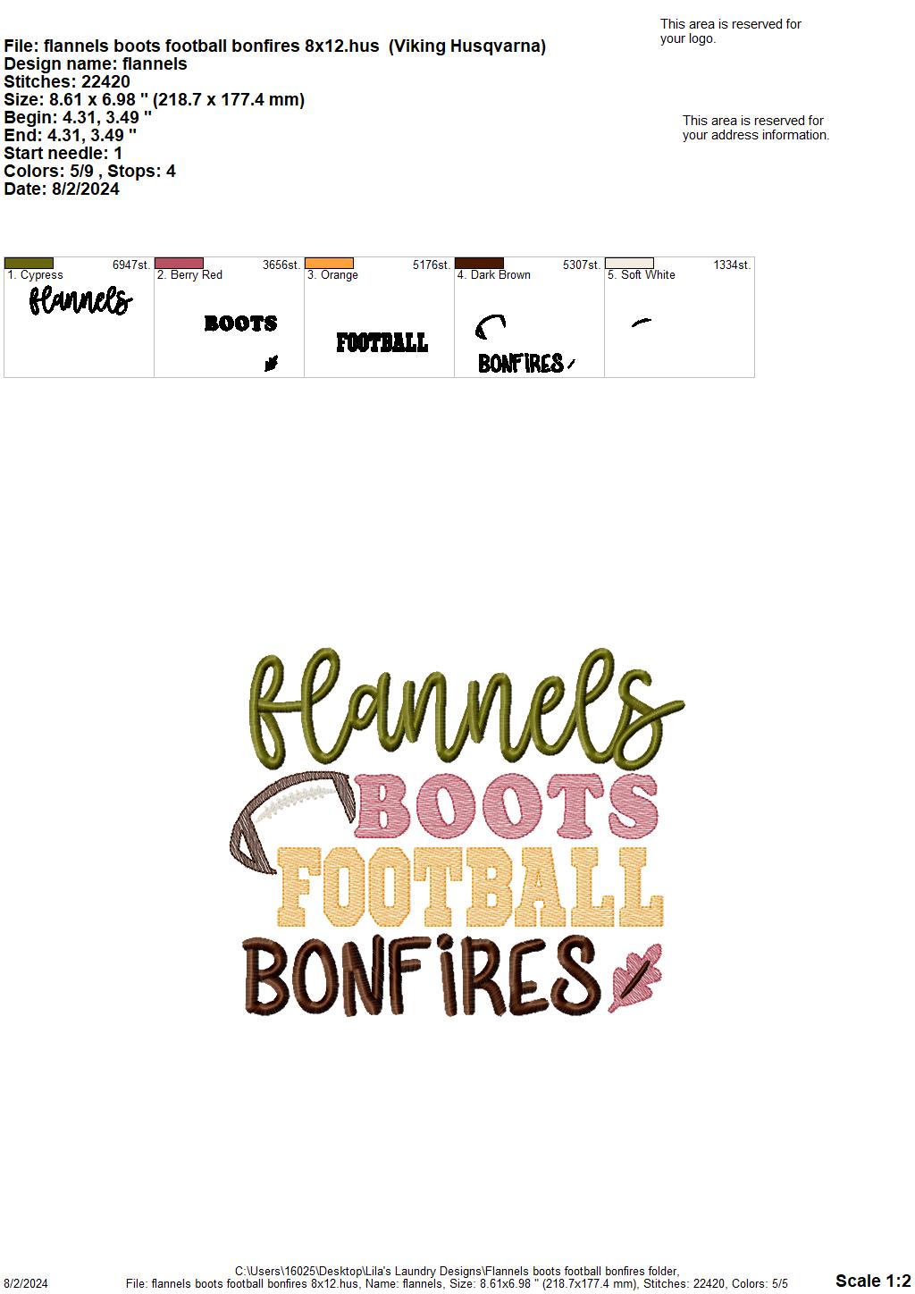 Flannels Boots Football Bonfires - 3 sizes - digital embroidery design