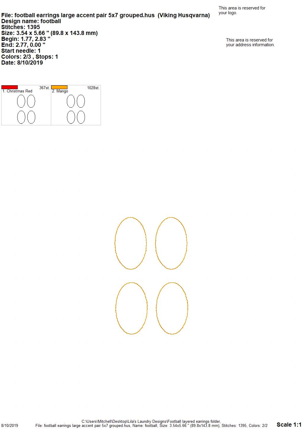 Football Layered Earrings - 3 sizes - Digital Embroidery Design