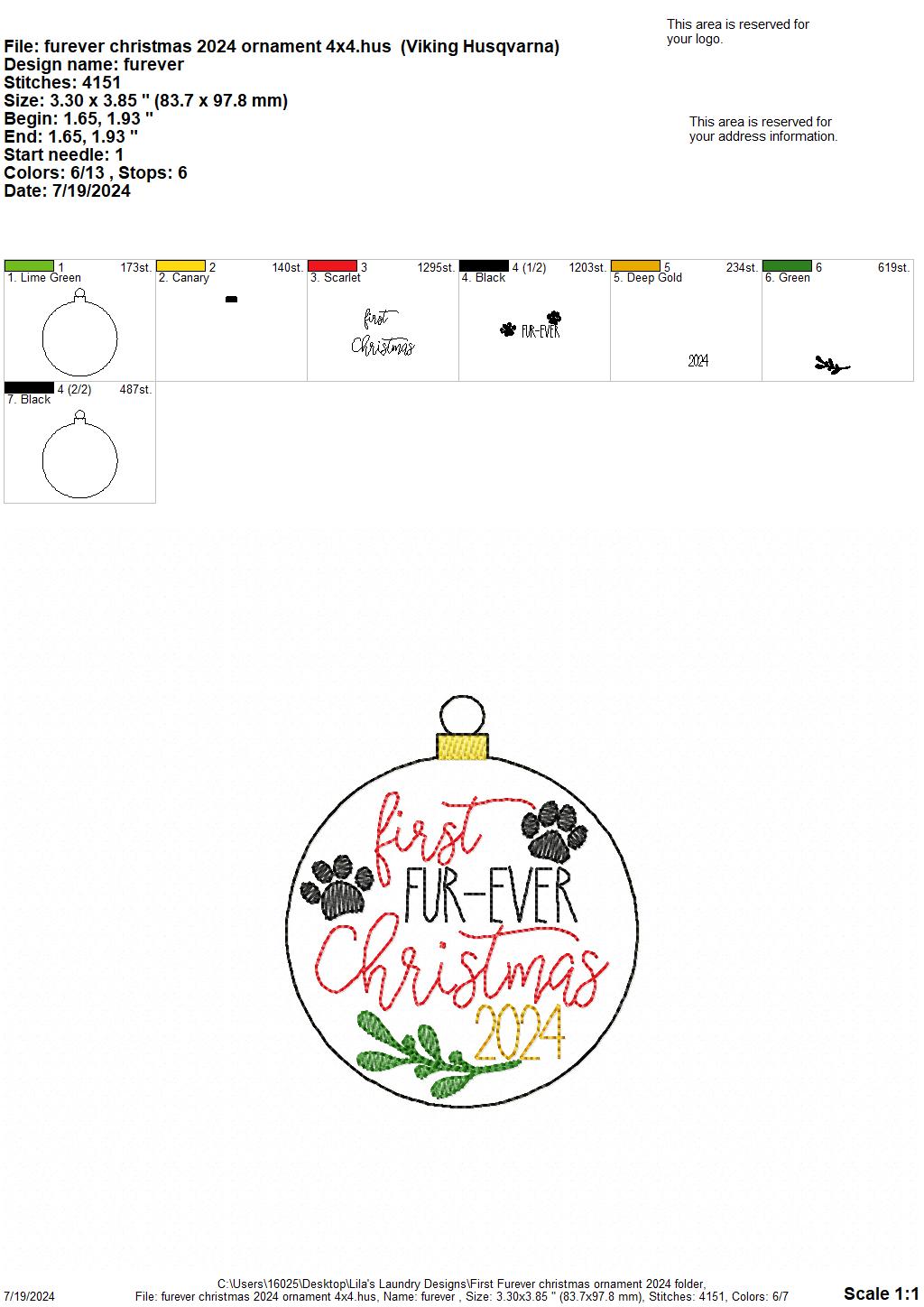 First Fur-ever Christmas 2024 Ornament - Digital Embroidery Design