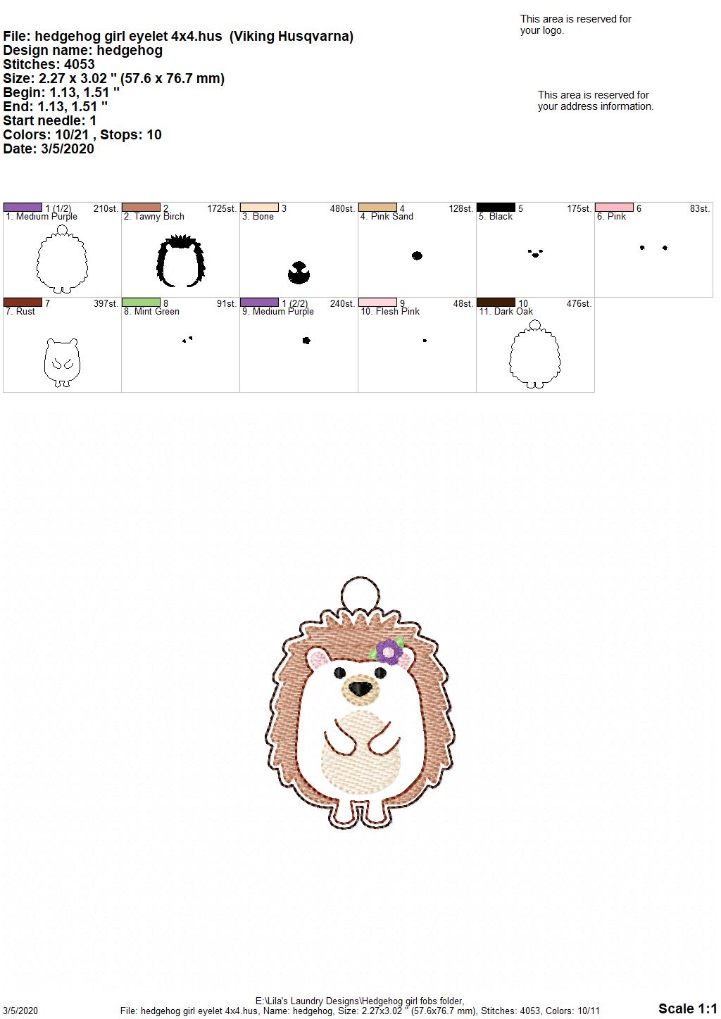 Hedgehog Girl Fobs -  DIGITAL Embroidery DESIGN