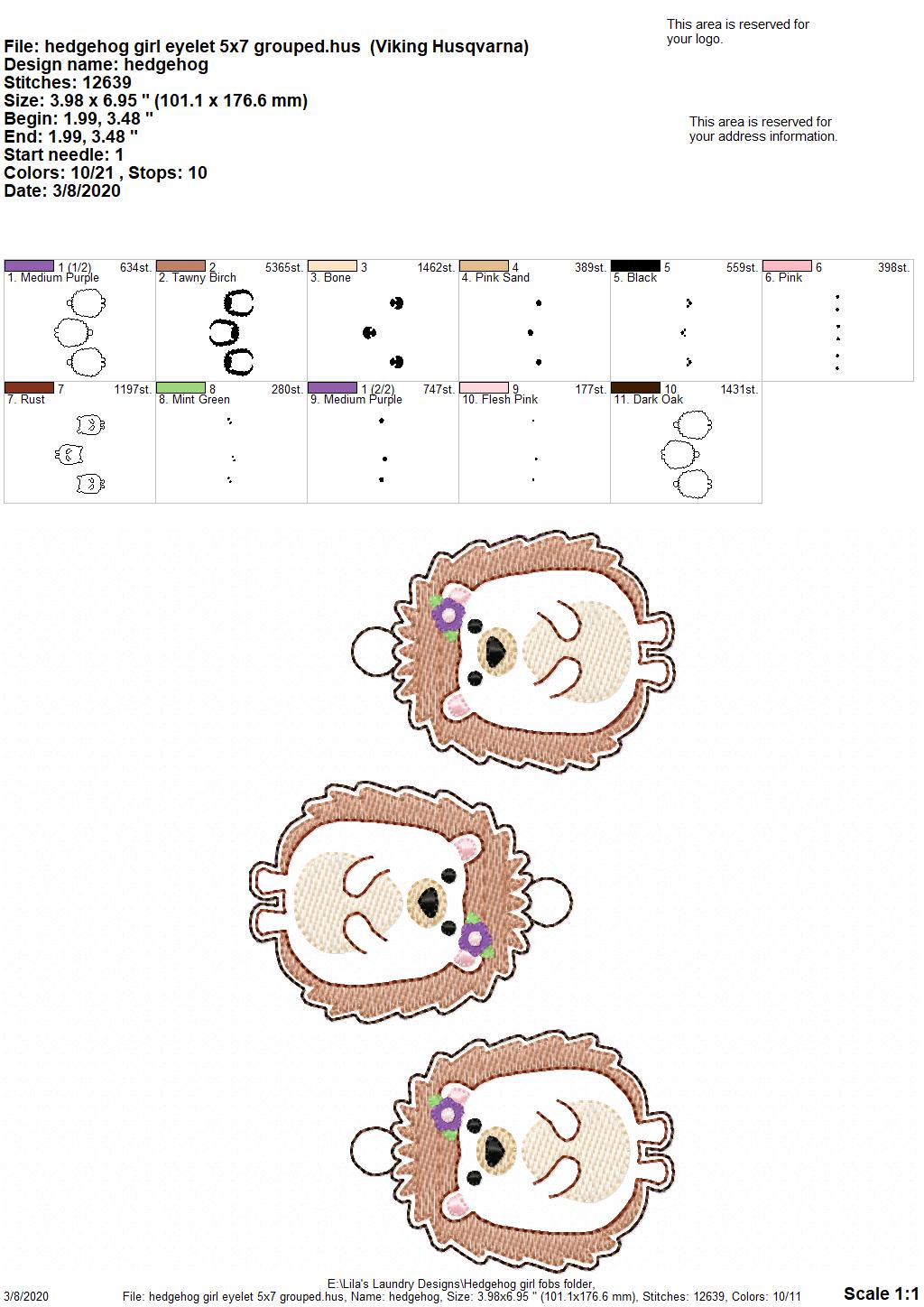 Hedgehog Girl Fobs -  DIGITAL Embroidery DESIGN