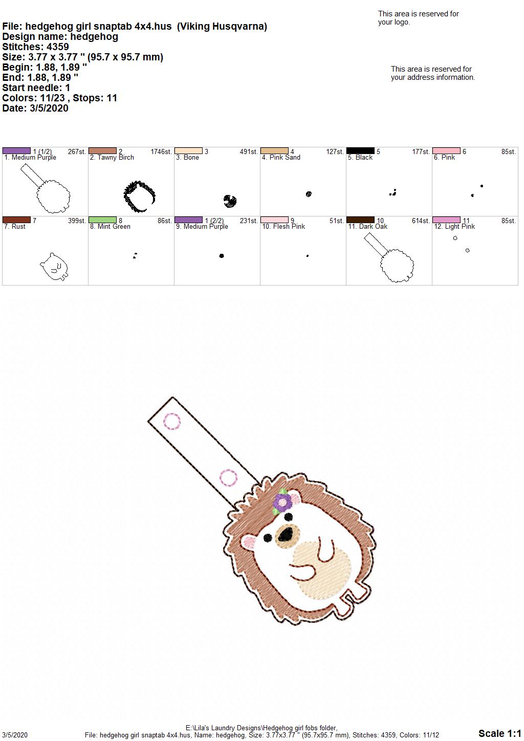 Hedgehog Girl Fobs -  DIGITAL Embroidery DESIGN