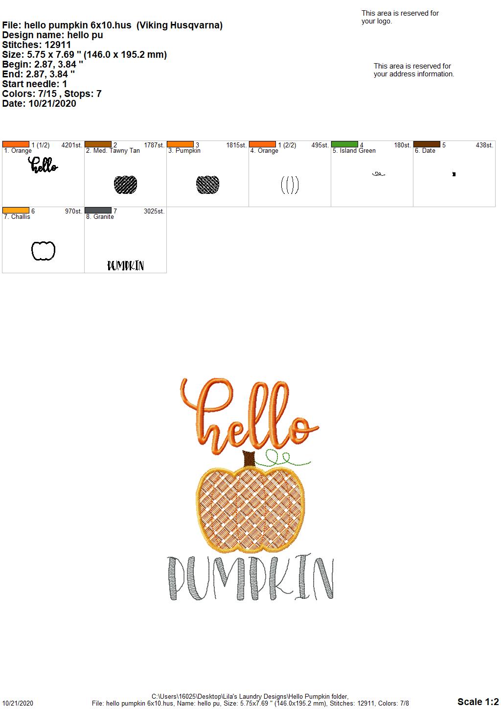 Hello Pumpkin - 2 Sizes - Digital Embroidery Design