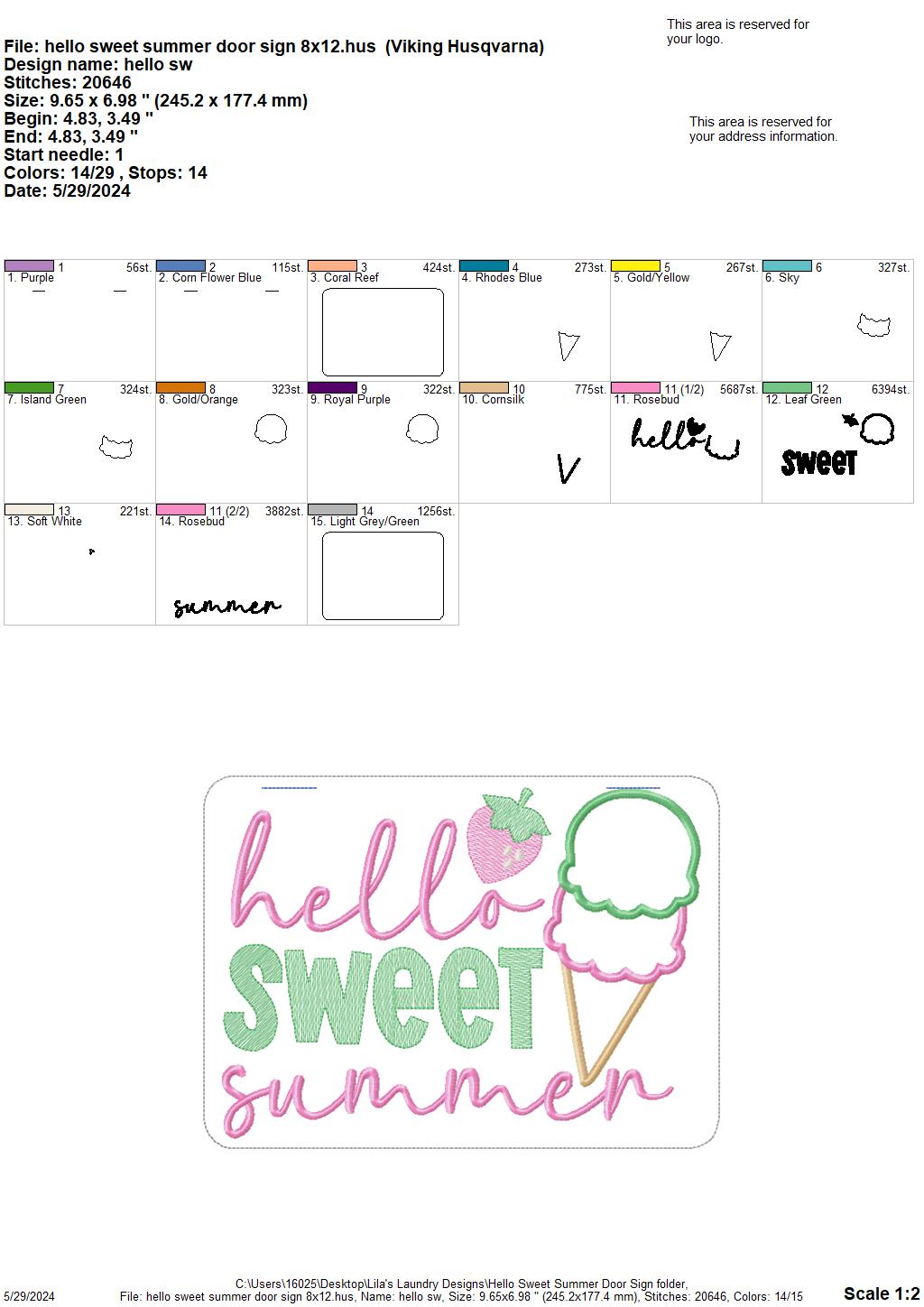 Hello Sweet Summer Door Sign - 3 Sizes - Digital Embroidery Design