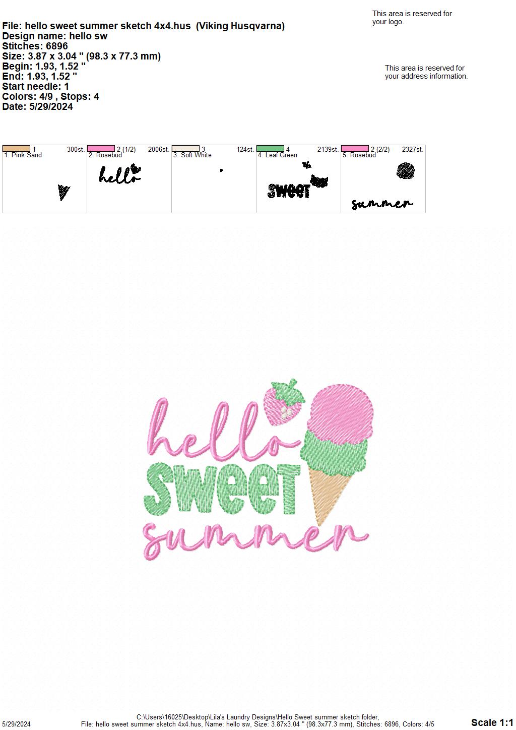 Hello Sweet Summer Sketch - 4 Sizes - Digital Embroidery Design