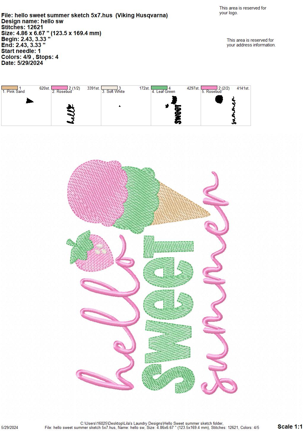 Hello Sweet Summer Sketch - 4 Sizes - Digital Embroidery Design