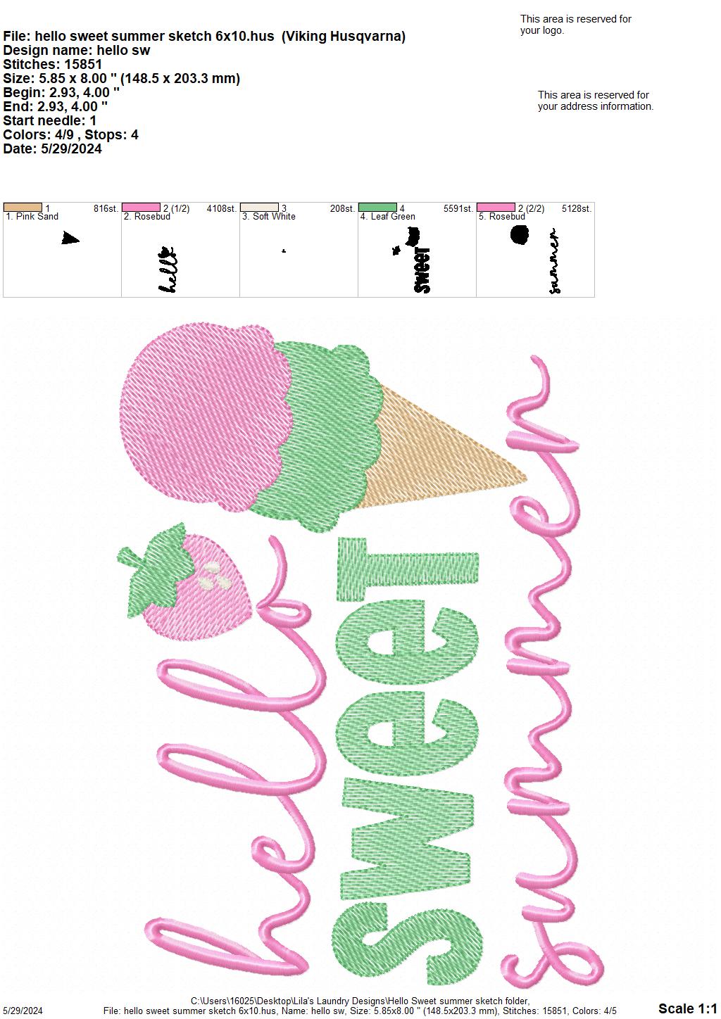 Hello Sweet Summer Sketch - 4 Sizes - Digital Embroidery Design