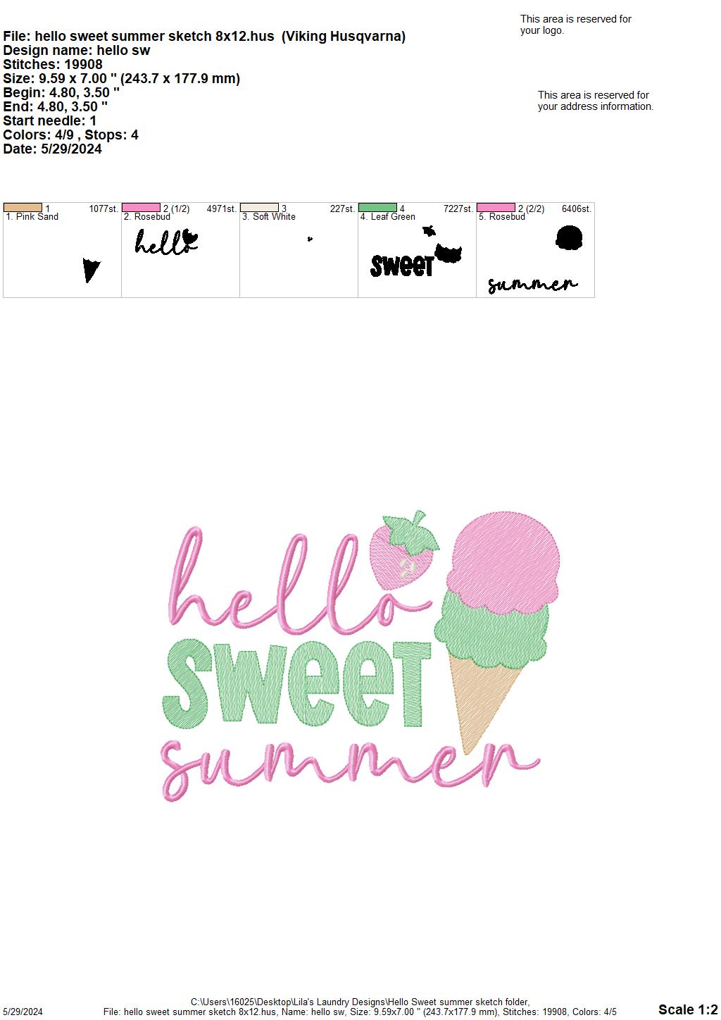 Hello Sweet Summer Sketch - 4 Sizes - Digital Embroidery Design