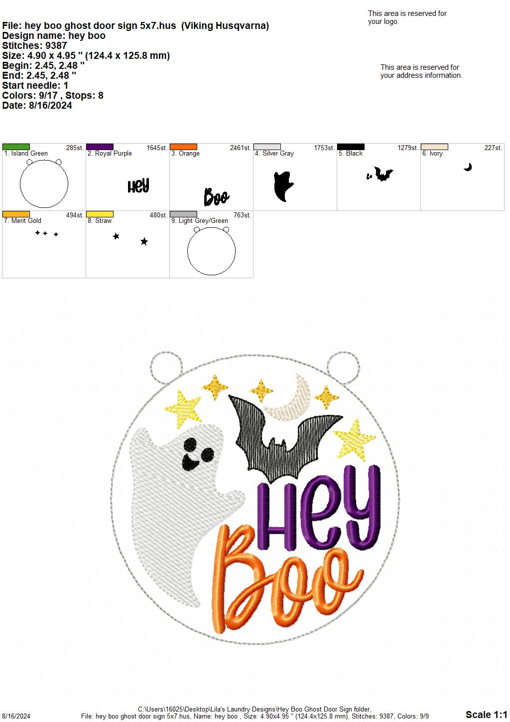 Hey Boo Ghost Door Sign - Digital Embroidery Design