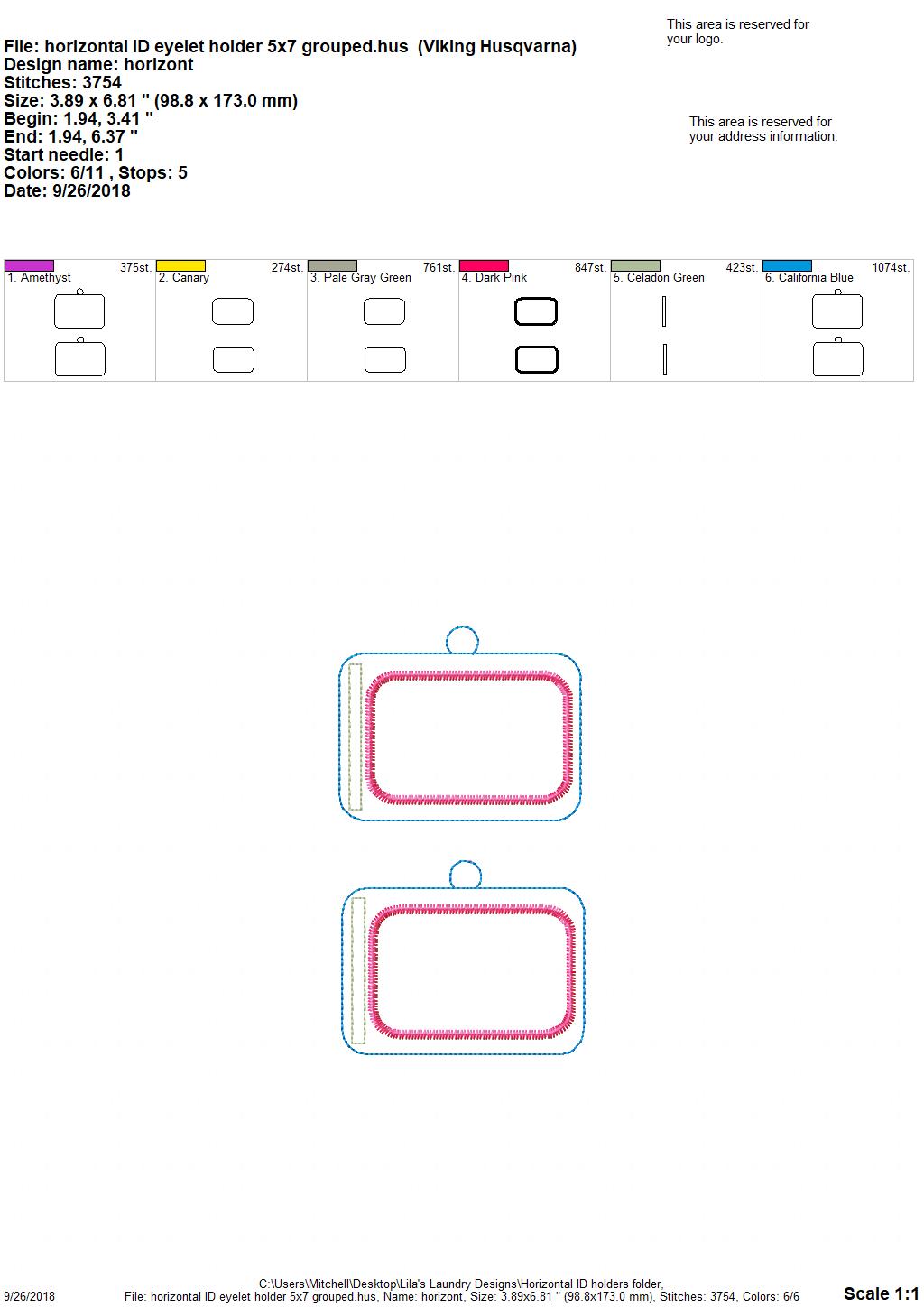 Horizontal Blank ID Holder - Digital Embroidery Design