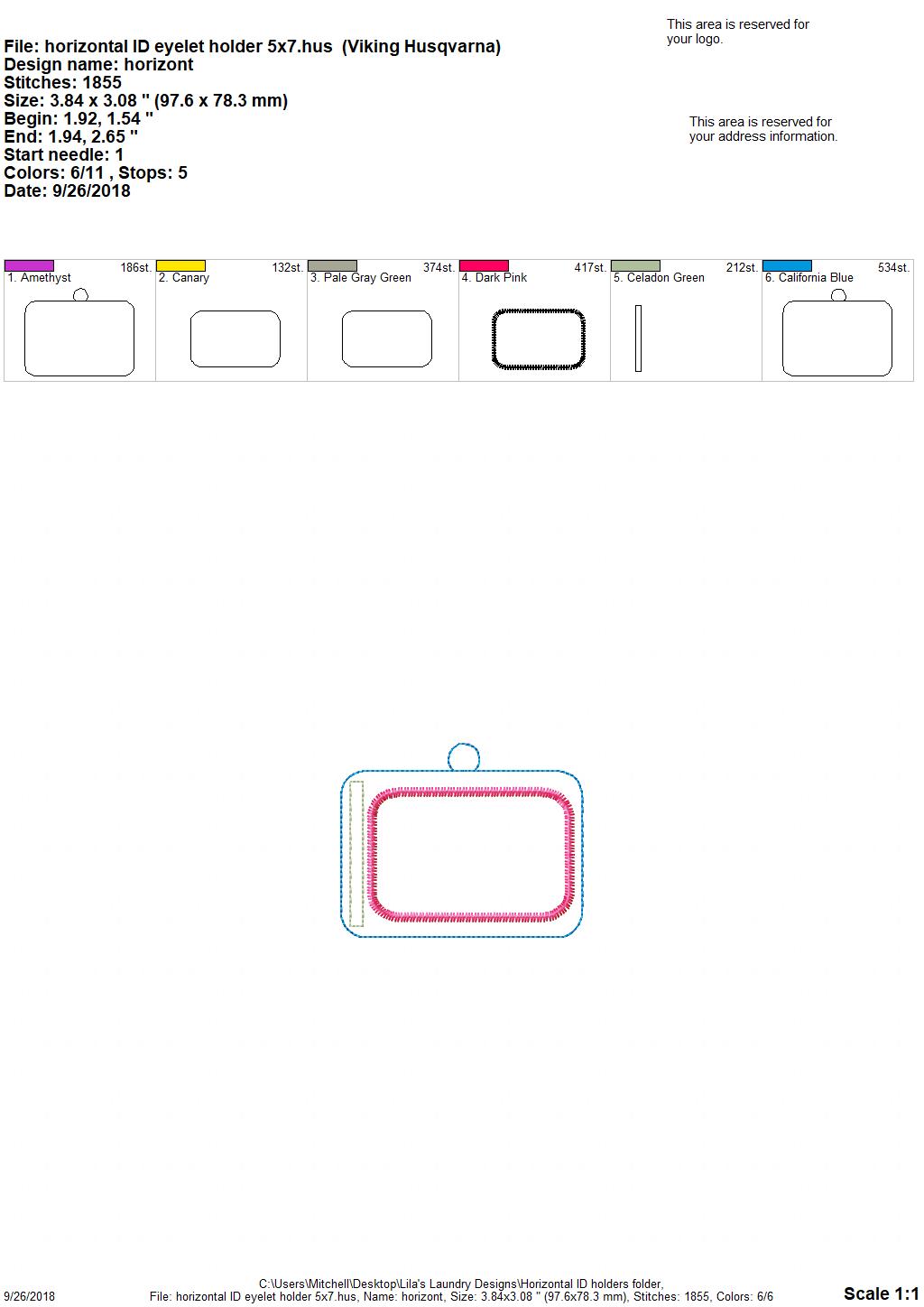 Horizontal Blank ID Holder - Digital Embroidery Design
