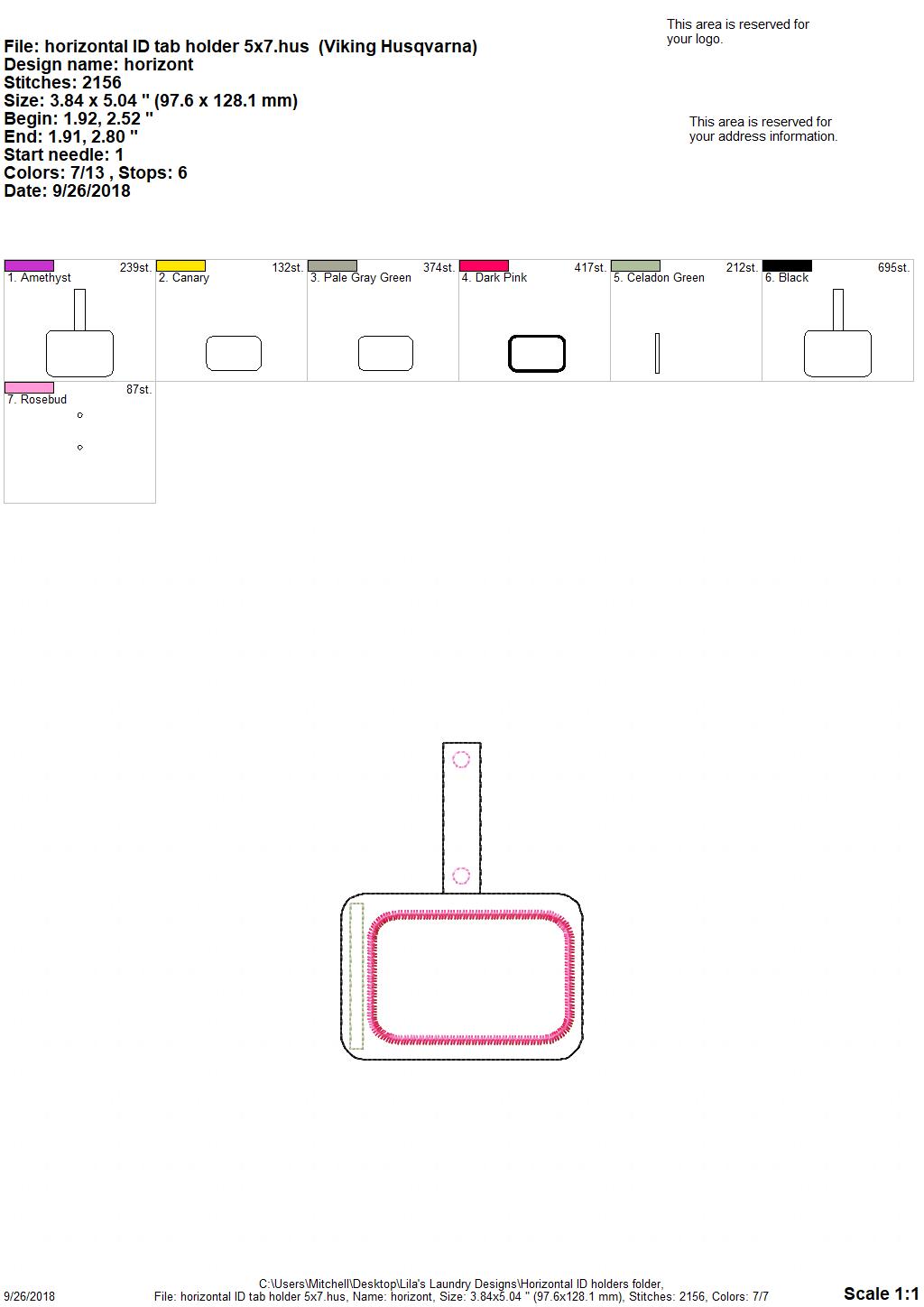 Horizontal Blank ID Holder - Digital Embroidery Design