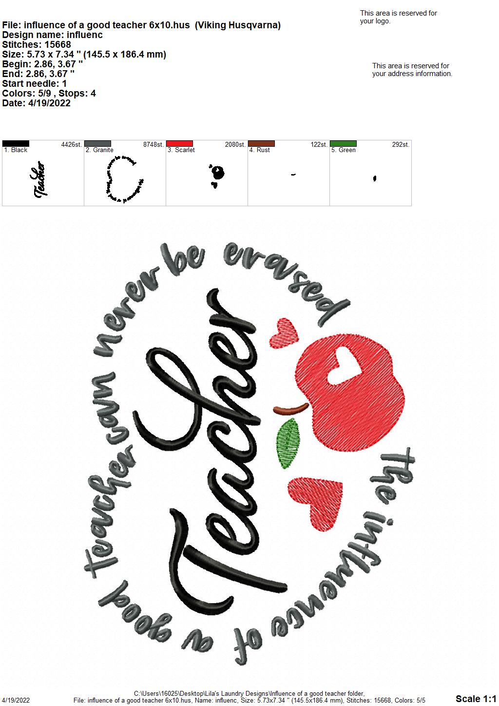 Influence of a Good Teacher - 3 sizes- Digital Embroidery Design