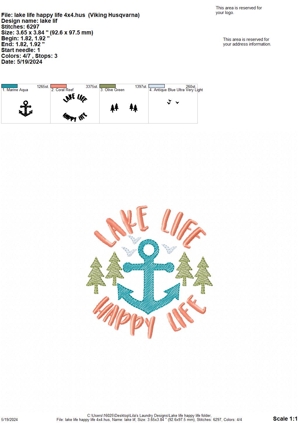 Lake Life Happy Life - 4 Sizes - Digital Embroidery Design