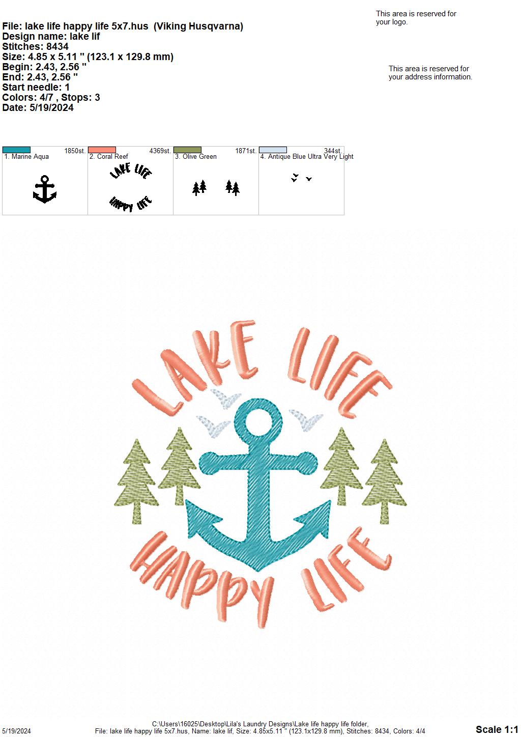 Lake Life Happy Life - 4 Sizes - Digital Embroidery Design