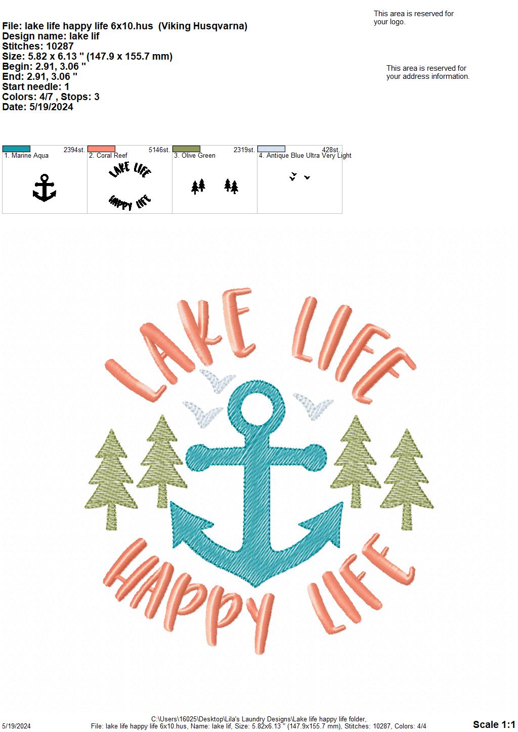 Lake Life Happy Life - 4 Sizes - Digital Embroidery Design
