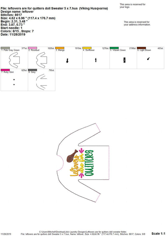 Leftovers are for quitters Doll Sweater 5x7 - Digital Embroidery Design