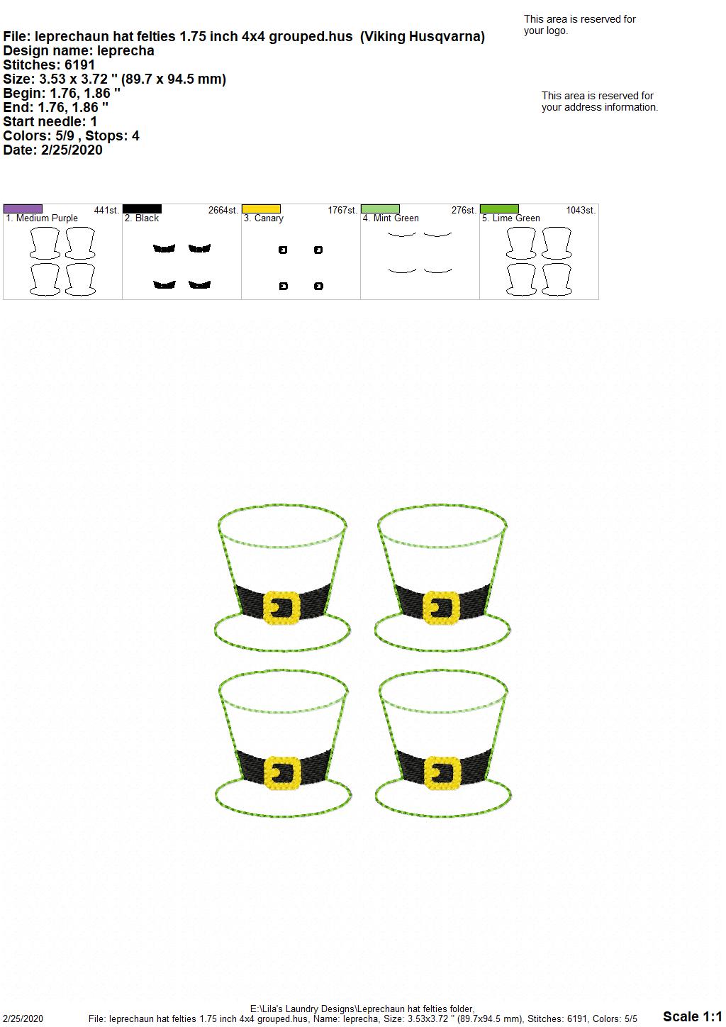 Leprechaun Hat Felties - 3 sizes - 4x4 and 5x7 Grouped- Digital Embroidery Design