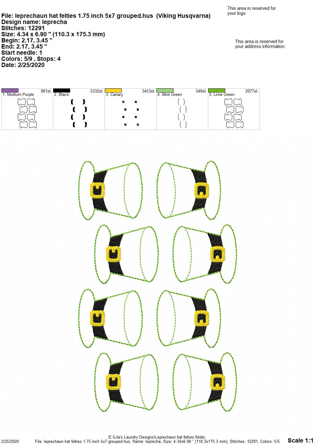 Leprechaun Hat Felties - 3 sizes - 4x4 and 5x7 Grouped- Digital Embroidery Design