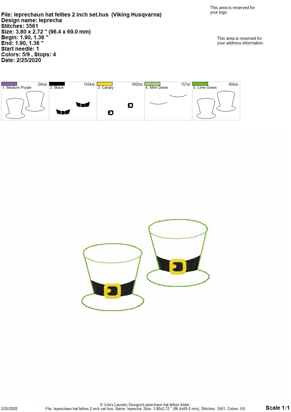 Leprechaun Hat Felties - 3 sizes - 4x4 and 5x7 Grouped- Digital Embroidery Design