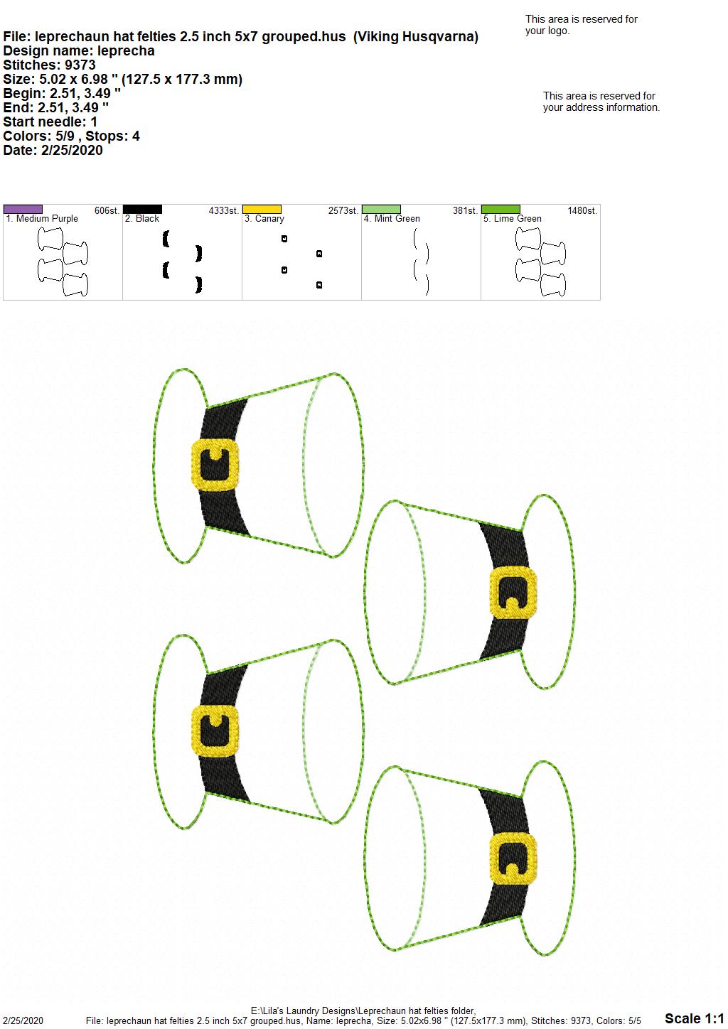 Leprechaun Hat Felties - 3 sizes - 4x4 and 5x7 Grouped- Digital Embroidery Design