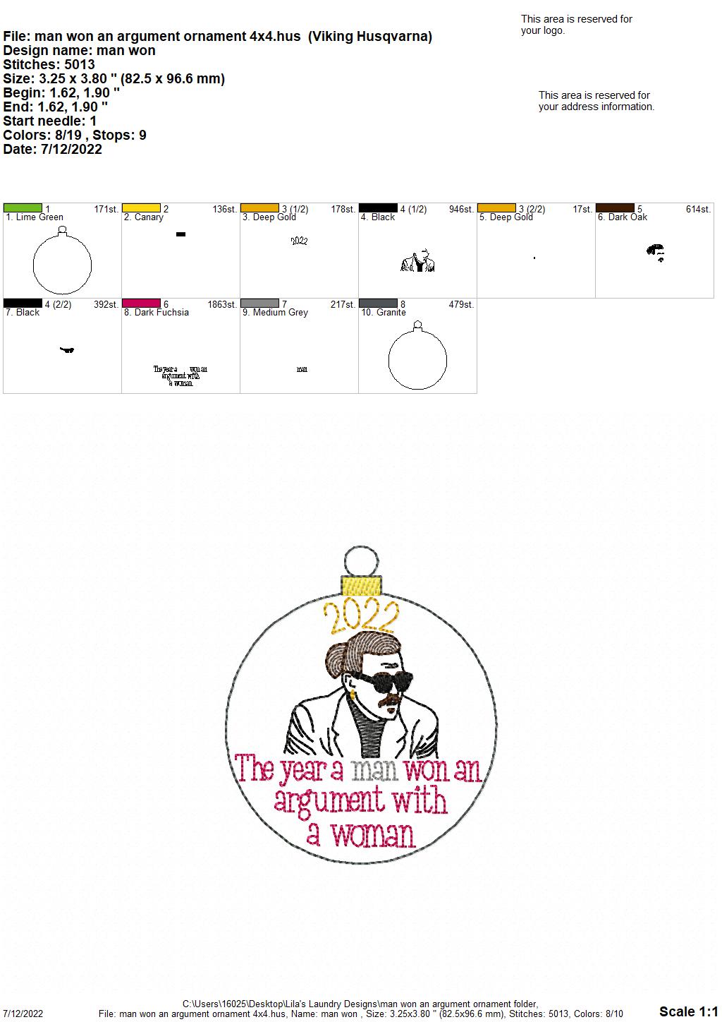 Man Won an Arguement 2022 Ornament - Digital Embroidery Design