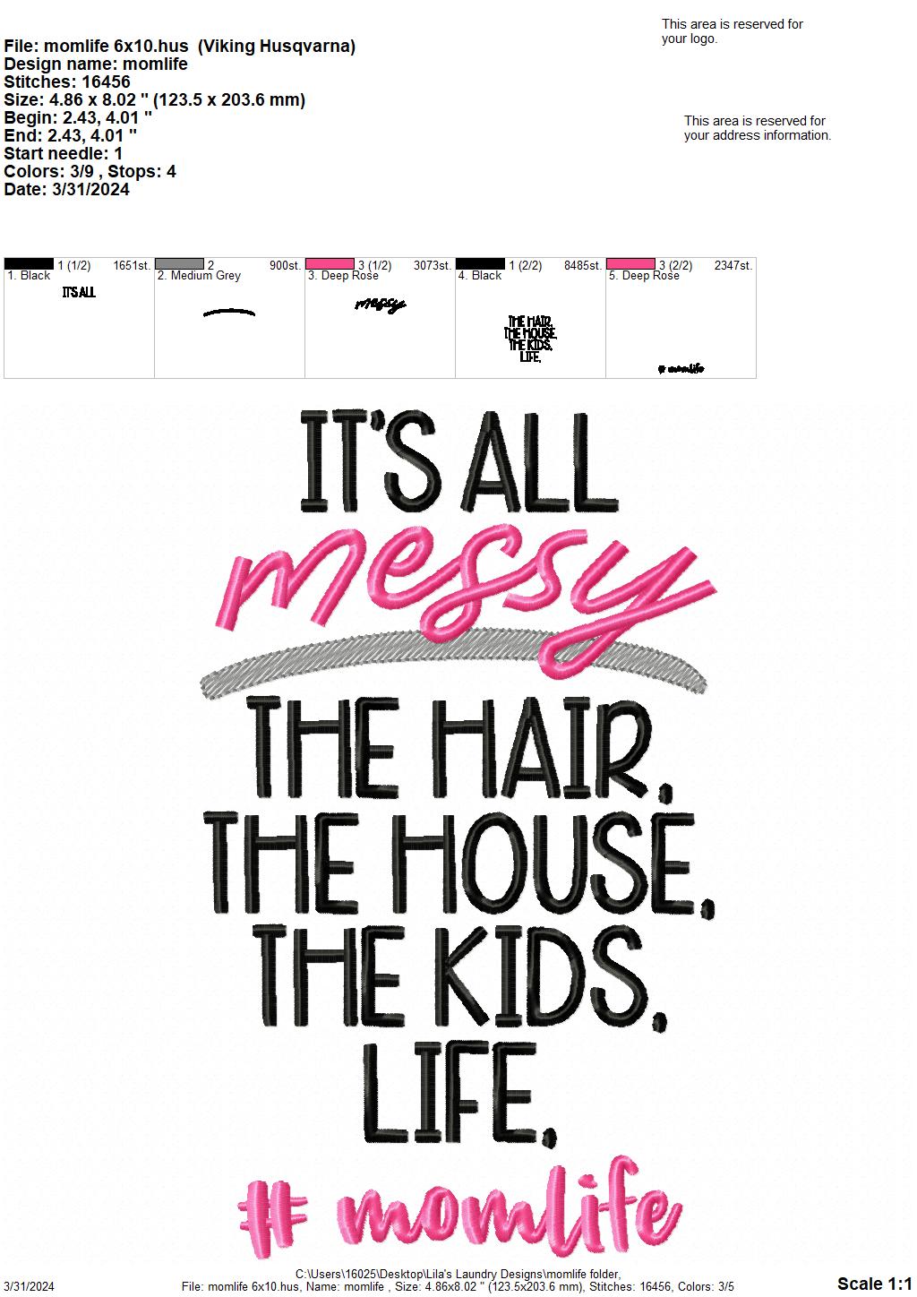 Momlife - 4 Sizes - Digital Embroidery Design