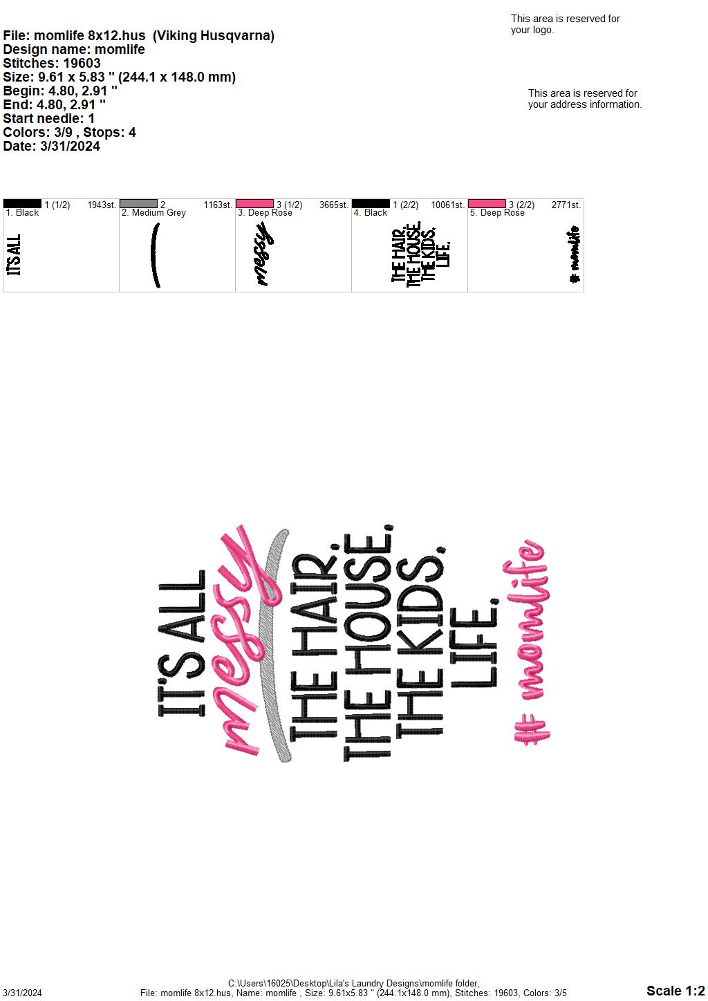 Momlife - 4 Sizes - Digital Embroidery Design