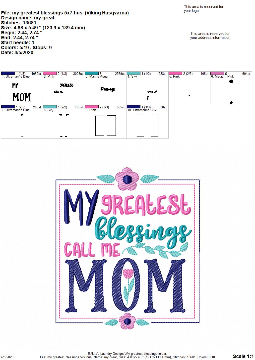 My Greatest Blessings - 3 Sizes - Digital Embroidery Design